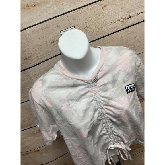 Adidas Womens Crop Top Shirt Size Small Cinch Front Pink Camo Short Sleeve - Picture 11 of 11